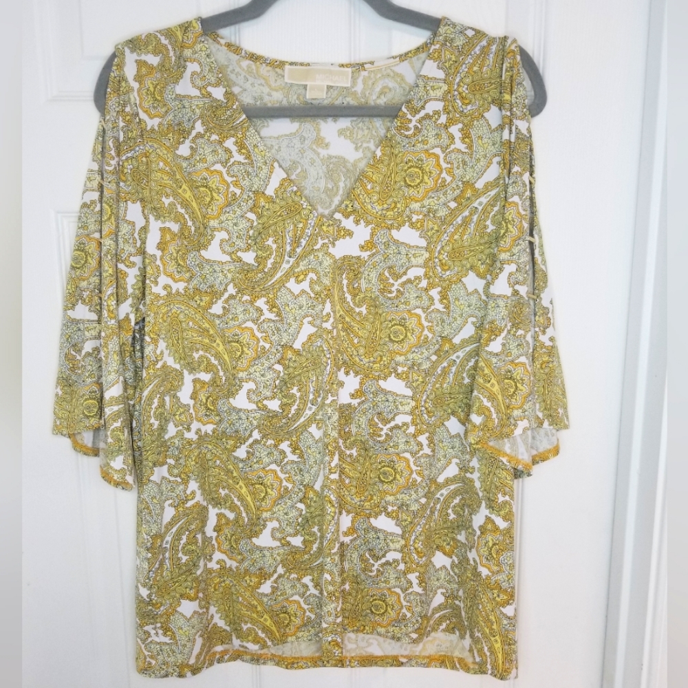 Michael Kors Yellow Gold Ivory V-Neck Top 3/4 Sleeve ECU L